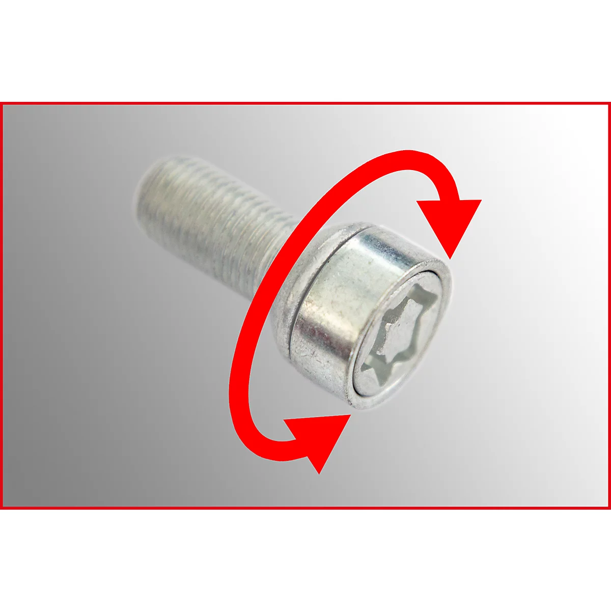 Stahlschraube mit rotem Pfeil, der die Drehung anzeigt. Der Schraubenkopf hat ein sternförmiges Muster.